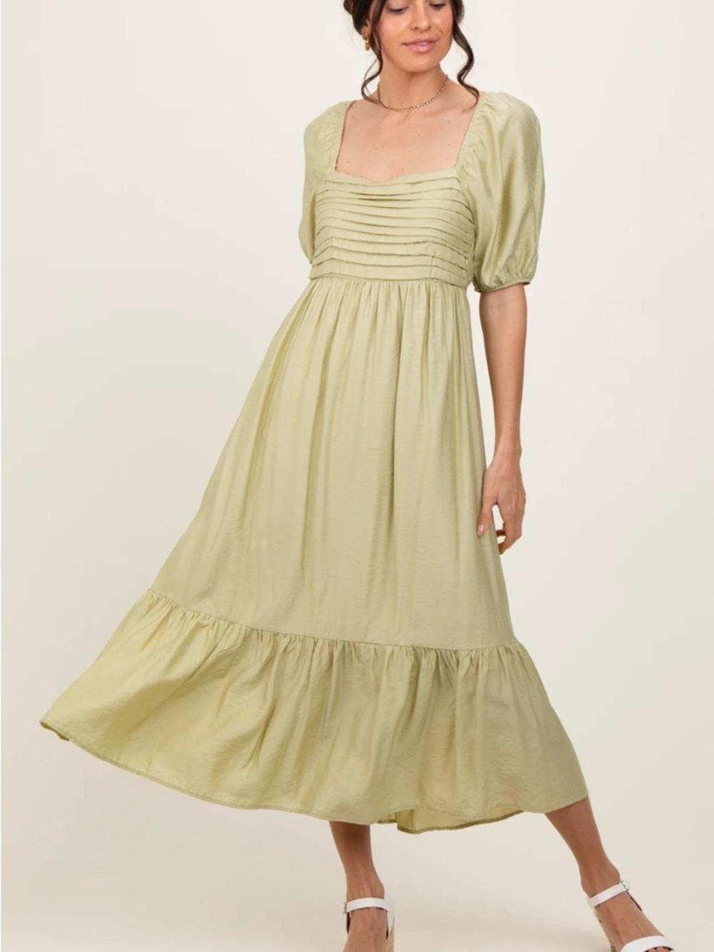 Sage Green Midi Dress with Puff Sleeves